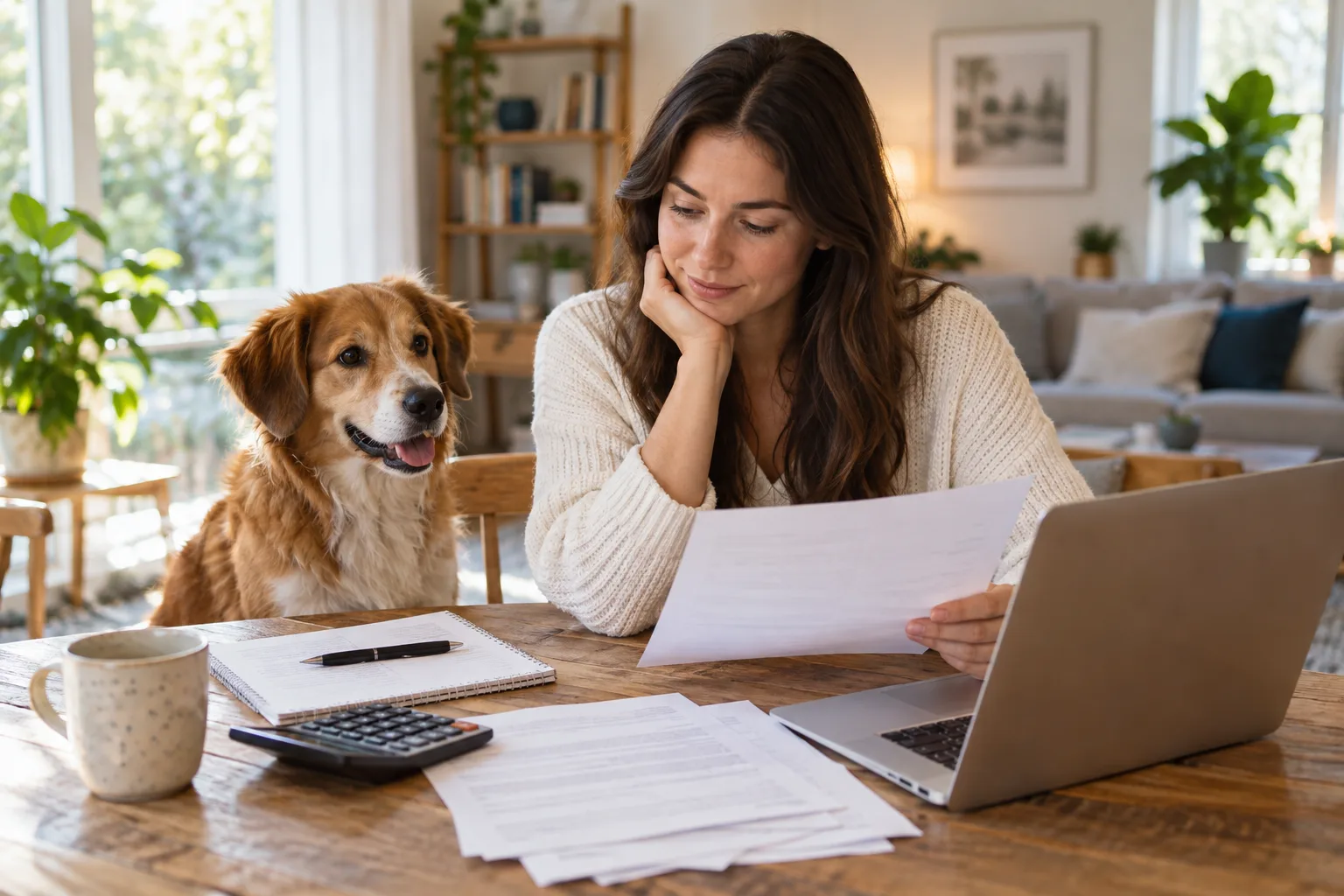 Owner reviewing paperwork beside a brown dog, with a calculator and laptop on the table