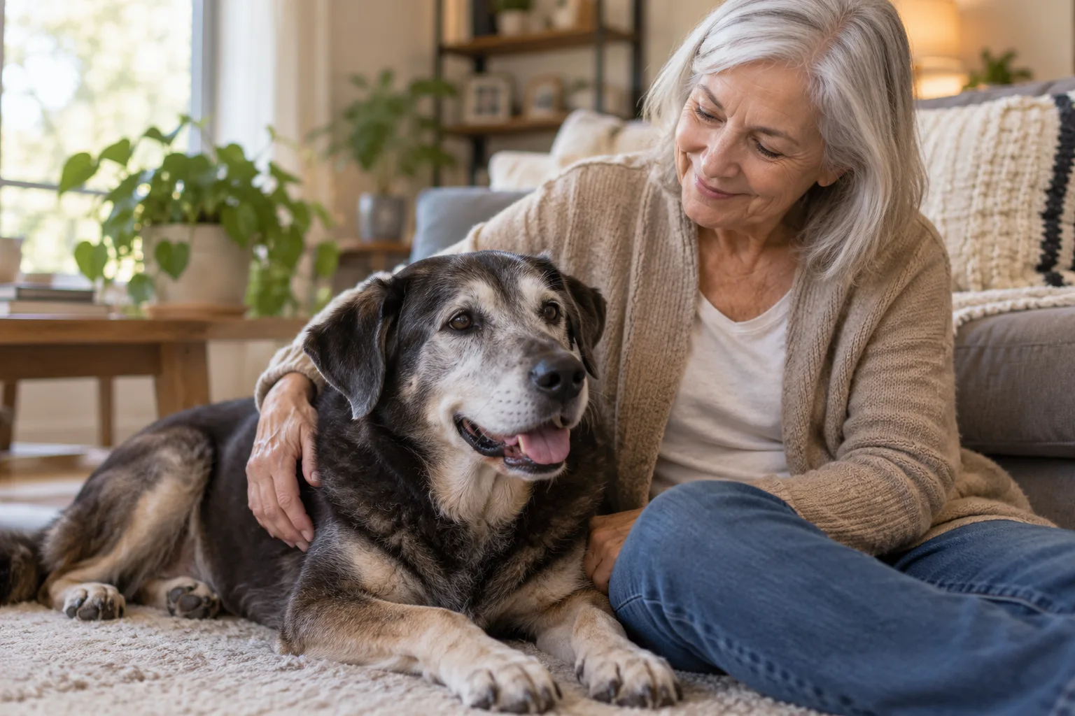 Owner relaxing beside a gray-muzzled dog